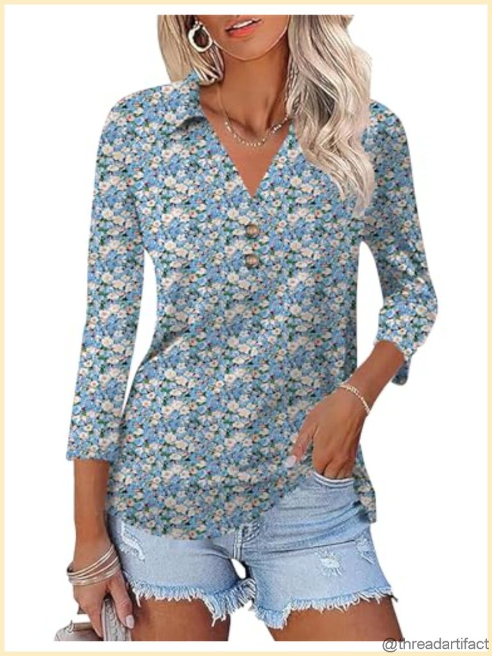 Women's 3/4 Sleeve V Neck Floral Button Down Blouse